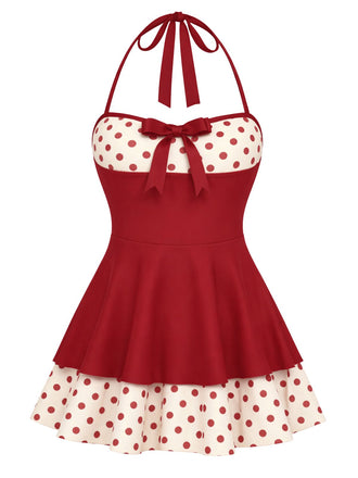 [Prévente] Maillot de Bain à Jupe Halter à Pois Patchwork Rouge Années 1940