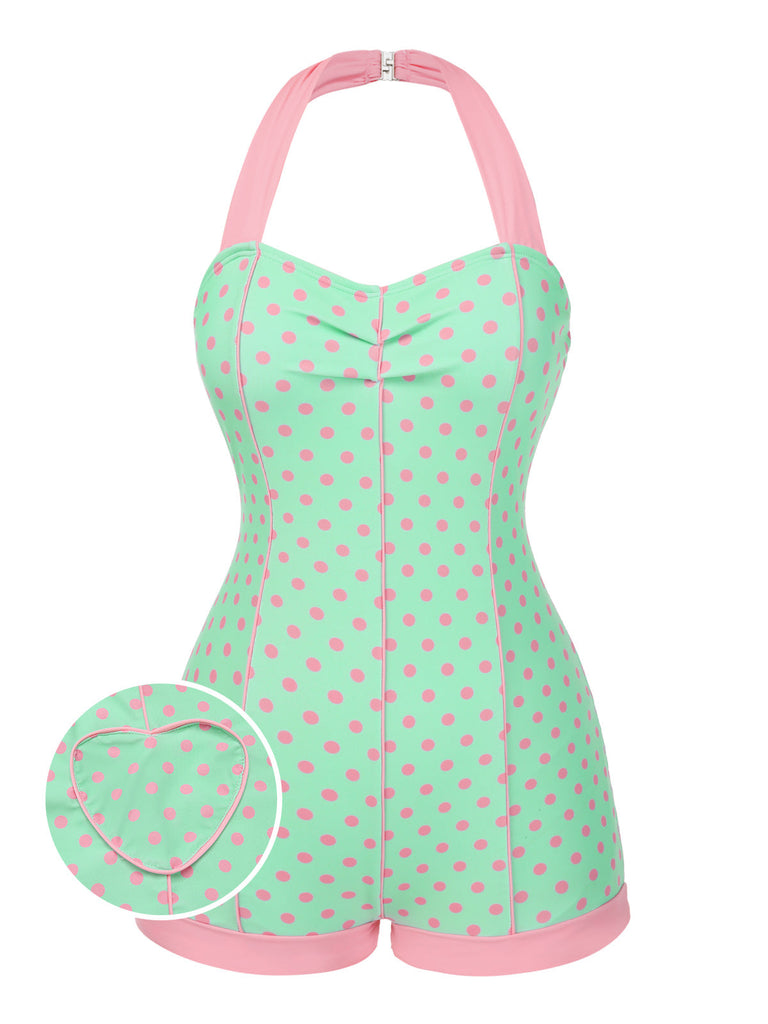 [Pré-vente] Maillot de bain verte à licou à pois contrastée cœur années 1960