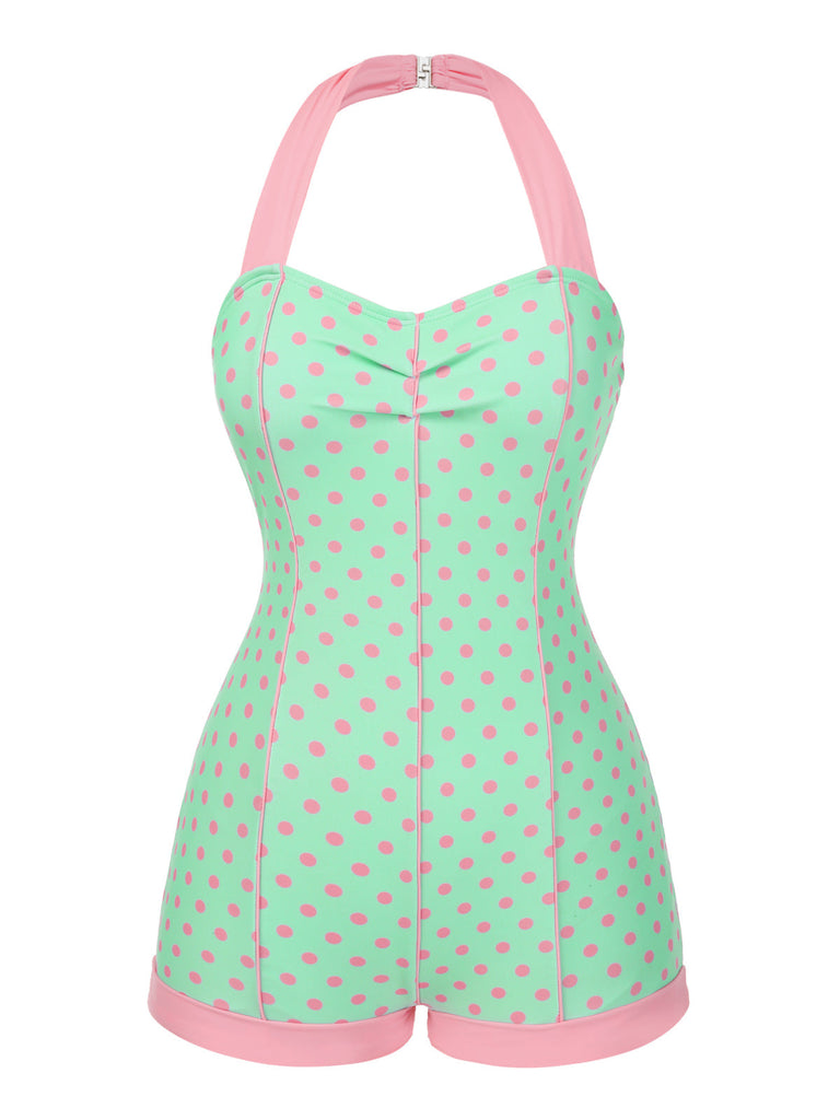 [Pré-vente] Maillot de bain verte à licou à pois contrastée cœur années 1960