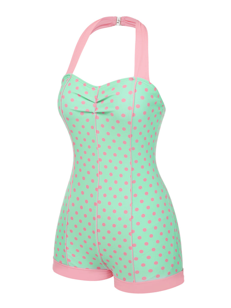 [Pré-vente] Maillot de bain verte à licou à pois contrastée cœur années 1960