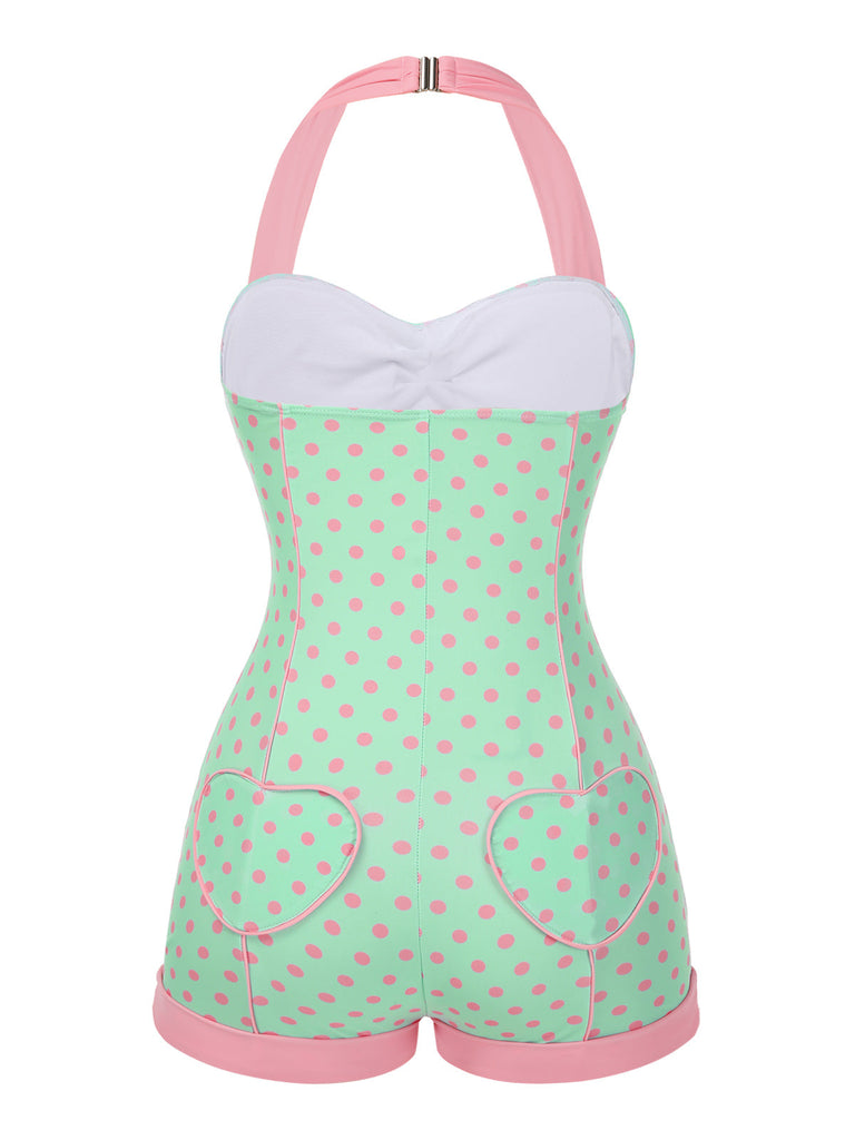 [Pré-vente] Maillot de bain verte à licou à pois contrastée cœur années 1960