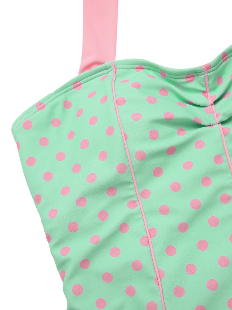 [Pré-vente] Maillot de bain verte à licou à pois contrastée cœur années 1960