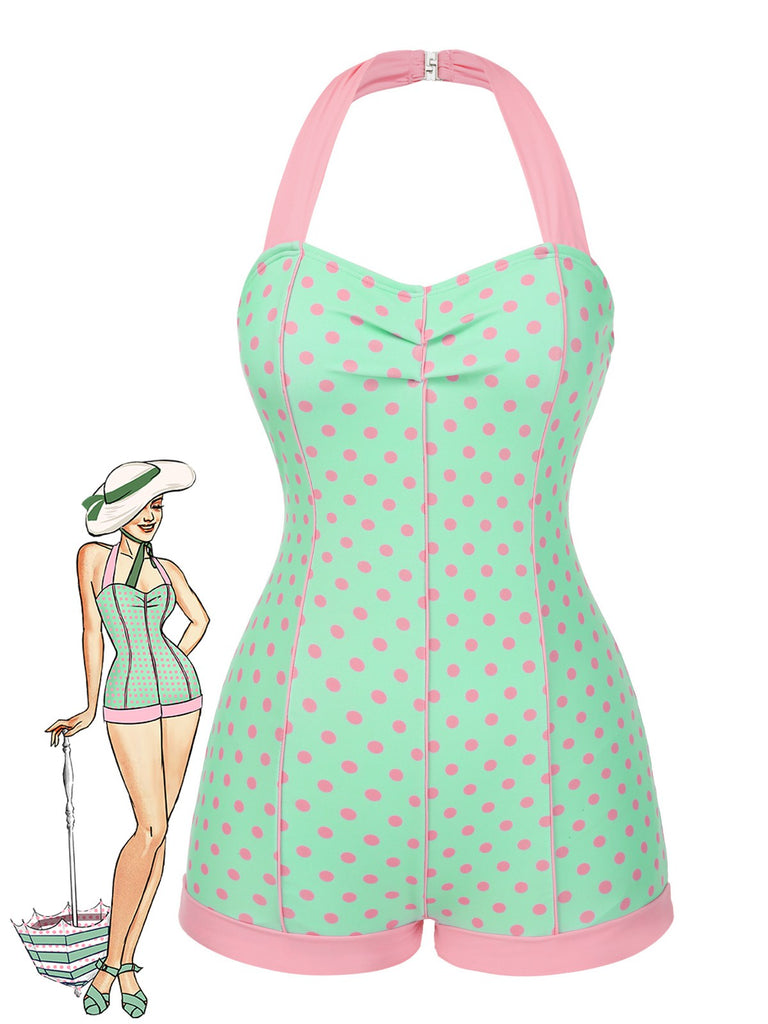 [Pré-vente] Maillot de bain verte à licou à pois contrastée cœur années 1960