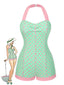 [Pré-vente] Maillot de bain verte à licou à pois contrastée cœur années 1960