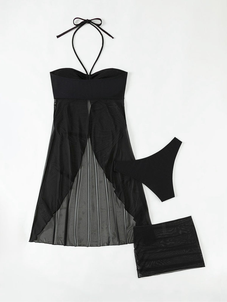 3PCS Ensemble bikini dos nu noir uni des années 1950 et cache-maillot