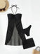 3PCS Ensemble bikini dos nu noir uni des années 1950 et cache-maillot