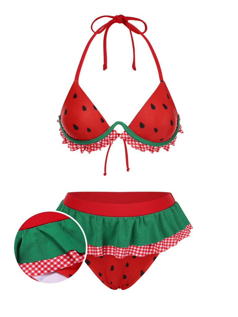 [Prévente] Ensemble bikini rouge à volants pastèque années 1950