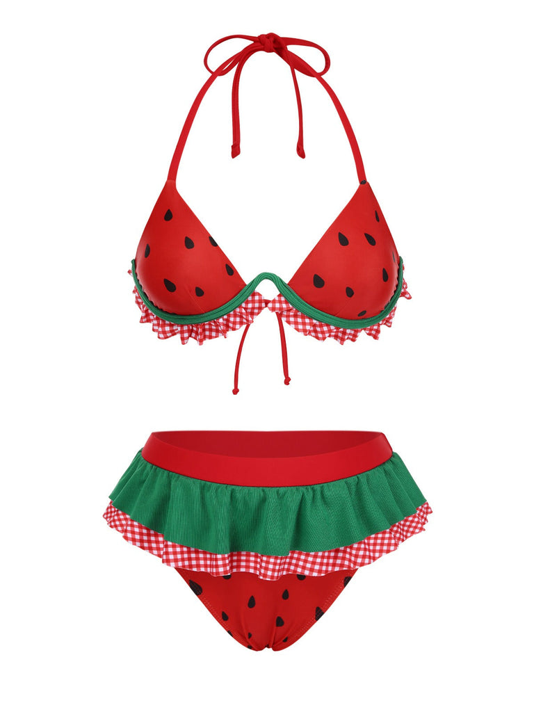 [Prévente] Ensemble bikini rouge à volants pastèque années 1950