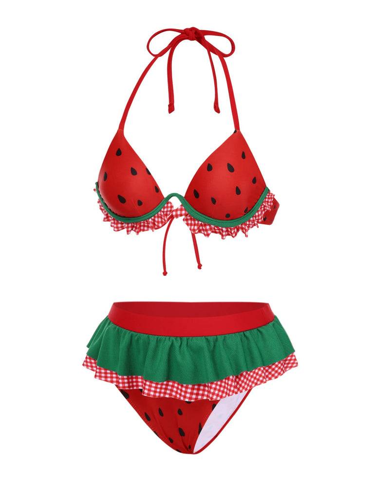 [Prévente] Ensemble bikini rouge à volants pastèque années 1950