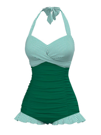 Maillot de bain une pièce dos nu rayé vert des années 1940