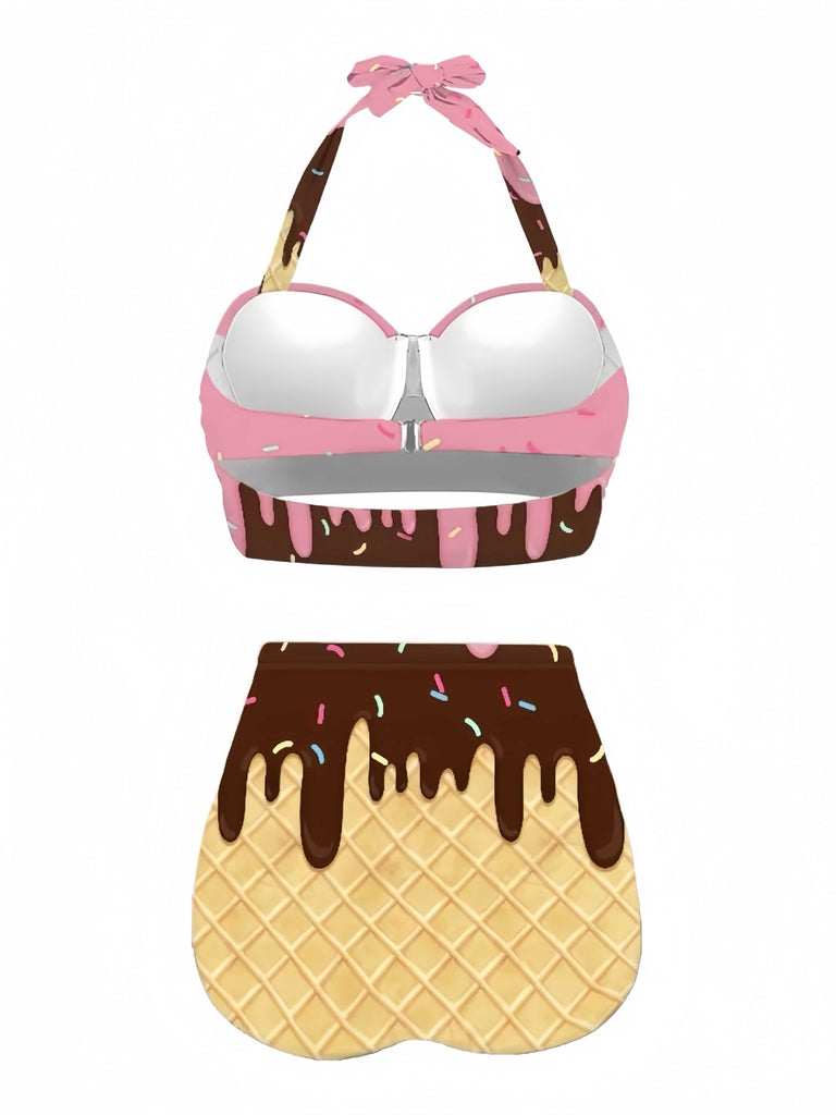 Bikini dos nu à lacets rose imprimé glaces années 1970