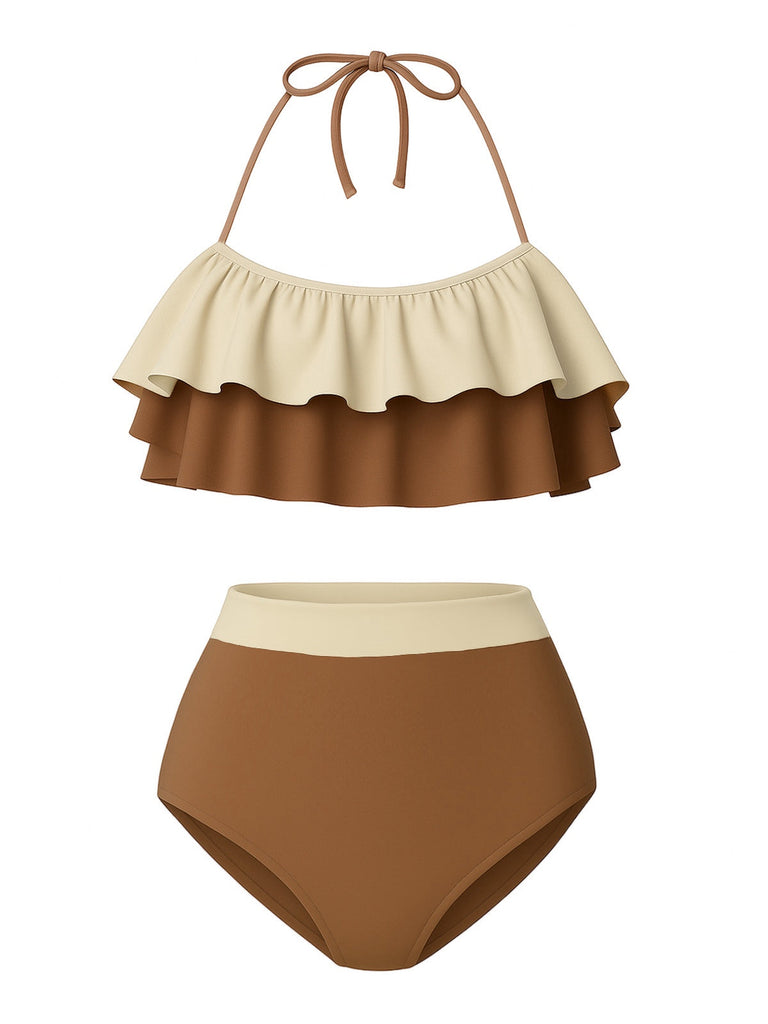 Maillot de bain taille haute à volants et colorblock des années 1940