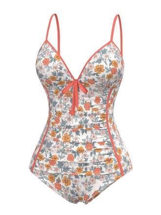 [Prévente] Maillot de bain une pièce froncé à fleurs orange des années 1960