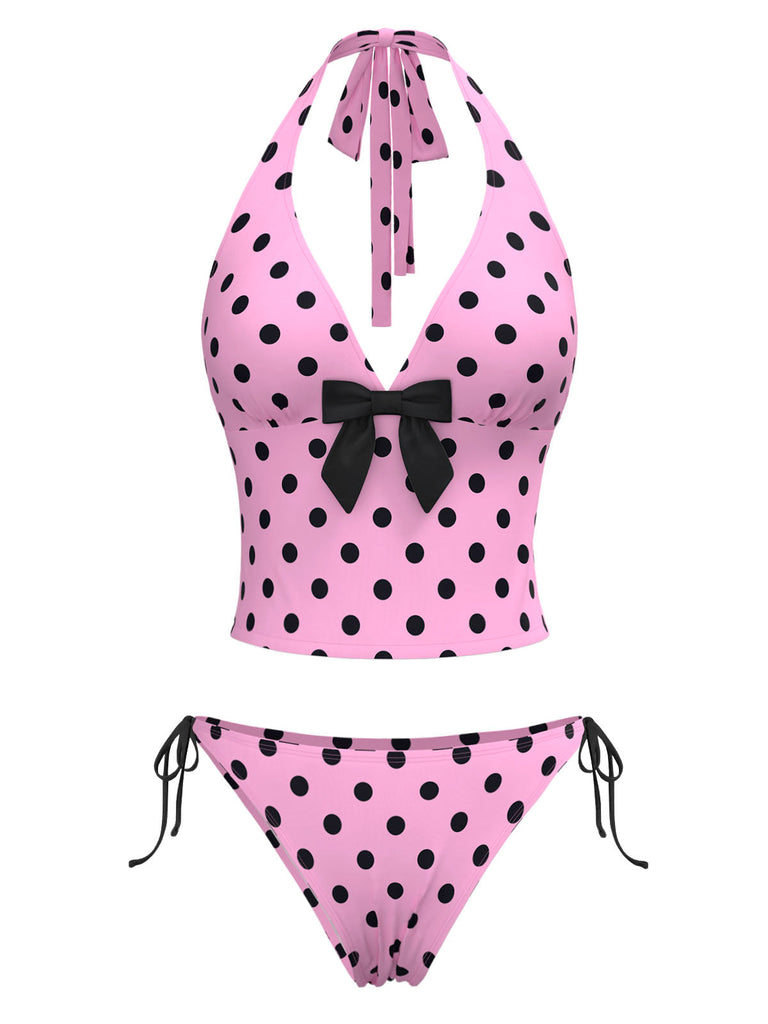 [Prévente] Ensemble bikini dos nu rose à pois et nœud années 1970
