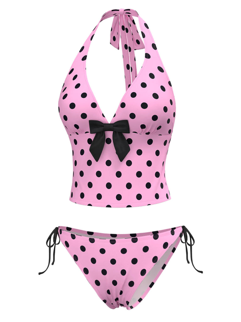 [Prévente] Ensemble bikini dos nu rose à pois et nœud années 1970