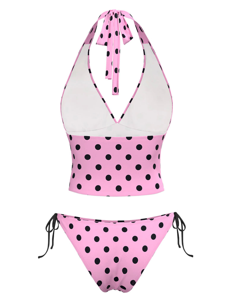 [Prévente] Ensemble bikini dos nu rose à pois et nœud années 1970