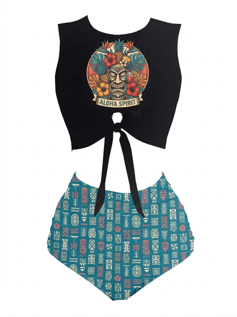 Ensemble tankini squelette de plage avec nœud sur le devant années 1980