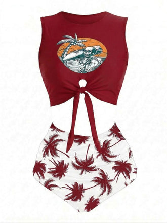 [Prévente] Ensemble tankini rouge squelette de plage avec nœud sur le devant années 1980