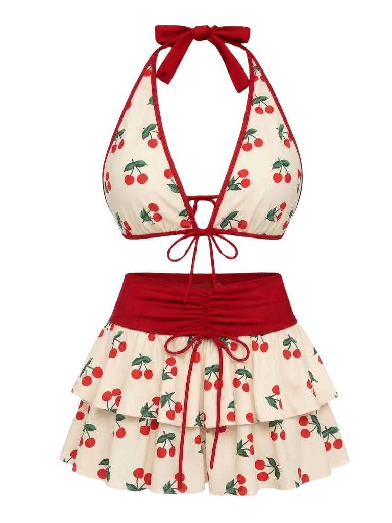[Prévente] Ensemble bikini jaune imprimé floral nouer sur le devant volants années 1960