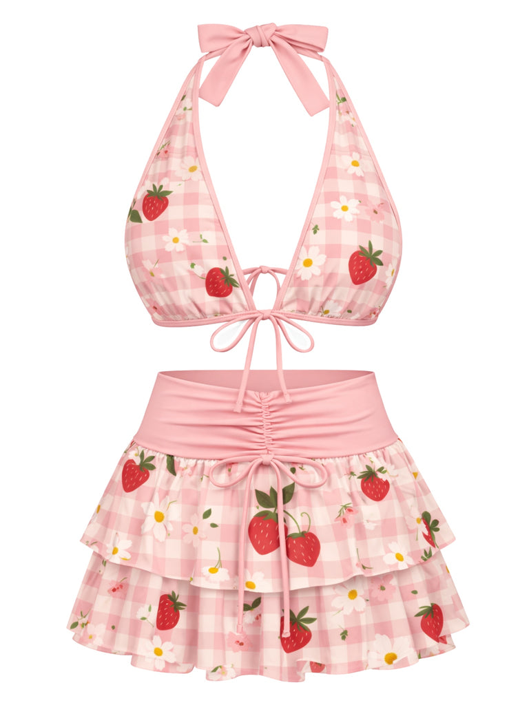 [Prévente] Ensemble bikini rose fraise imprimé floral nouer sur le devant volants années 1960