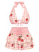 [Prévente] Ensemble bikini rose fraise imprimé floral nouer sur le devant volants années 1960