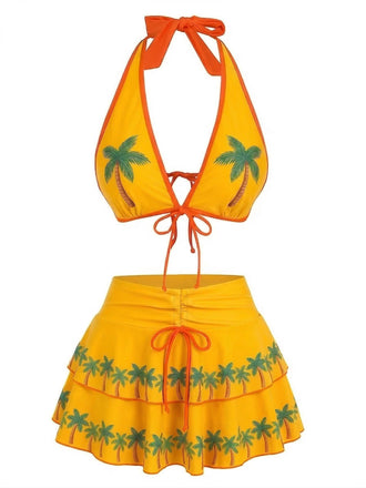 [Prévente] Ensemble bikini rose imprimé cerises nouer sur le devant volants années 1960