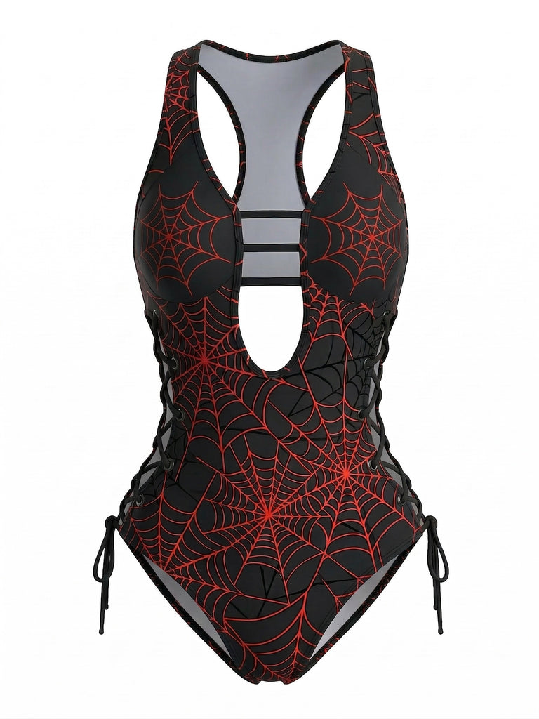 [Prévente] Maillot de bain rouge à bretelles découpes en forme toile d'araignée années 1960