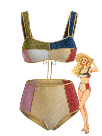 Set Bikini Multicolore Métallique Patchwork Années '40