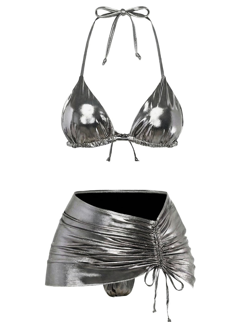 Ensemble bikini métallisé uni à bretelles années 1970