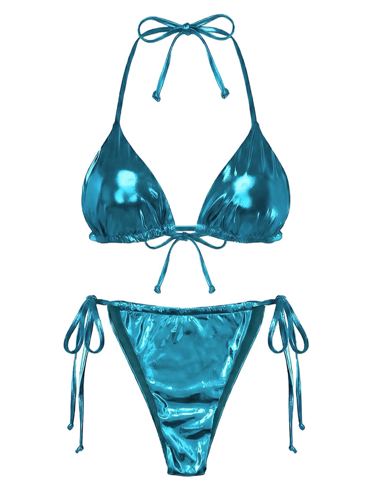 Ensemble bikini métallisé uni à bretelles années 1970