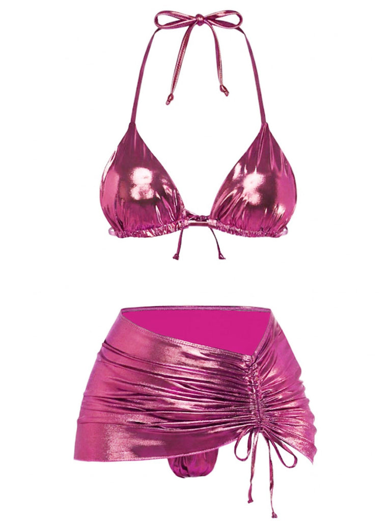 Ensemble bikini métallisé uni à bretelles années 1970