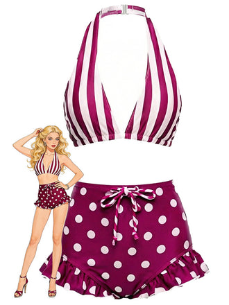 Maillot De Bain Rouge Et Blanc À Rayures Bretelles Nues À Pois Volants Année 1940