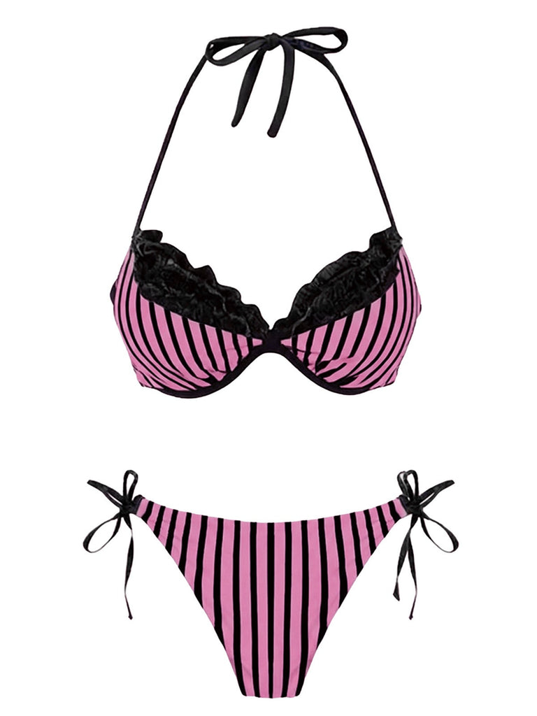 Ensemble bikini rose rayé en maille avec nœud et dos nu années 60