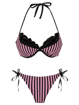 [Prévente] Ensemble bikini rose rayé en maille avec nœud et dos nu années 60