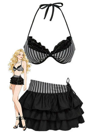 [Prévente] 2PCS Ensemble bikini dos nu rayé rose et paréo à volants années 60