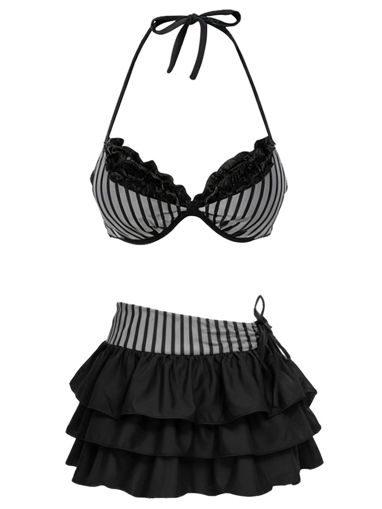 2PCS Ensemble bikini dos nu rayé gris et paréo volants 1960s