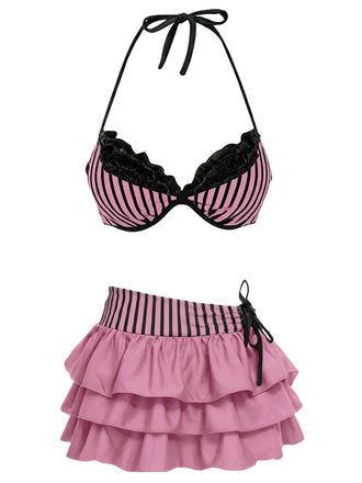 [Prévente] 2PCS Ensemble bikini dos nu rayé rose et paréo à volants années 60