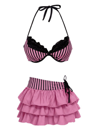 2PCS Ensemble bikini dos nu rayé rose et paréo à volants années 60
