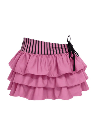 Jupe rose à rayures en maille avec nœud et volants années 60