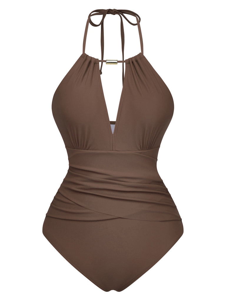 Maillot De Bain Une Pièce Bretelles Nues Col V Profond Froncé Année 1940
