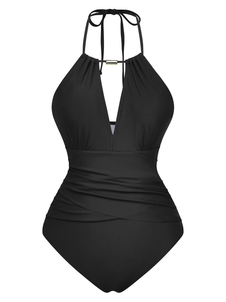 Maillot De Bain Une Pièce Bretelles Nues Col V Profond Froncé Année 1940