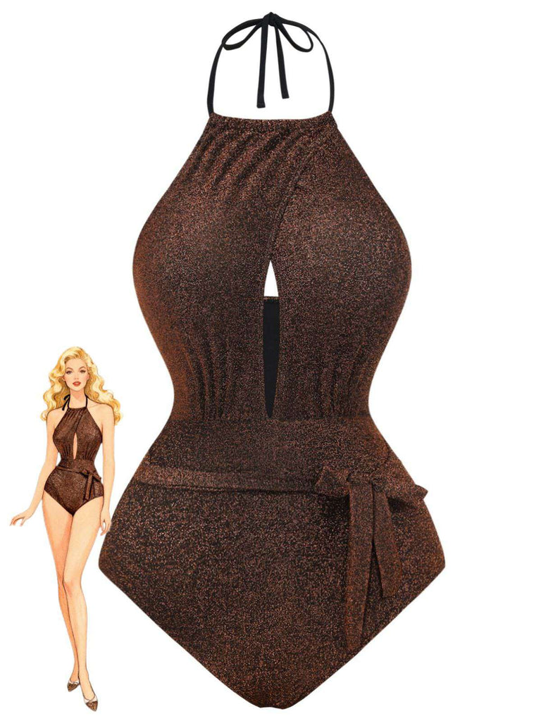 Maillot de bain une pièce à paillettes dos nu et nœud découpé années 1940