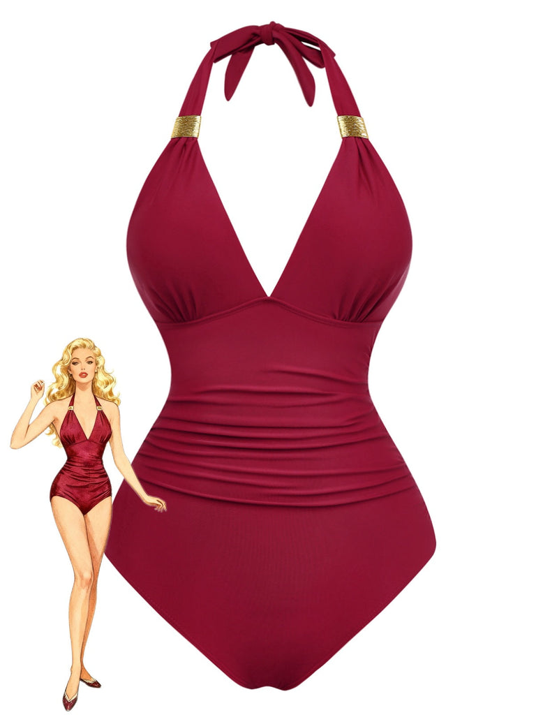 Maillot de bain une pièce froncé à décolleté plongeant en V années 1940