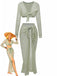 2PCS Ensemble de paréo de plage vert à manches longues en crochet années 1960