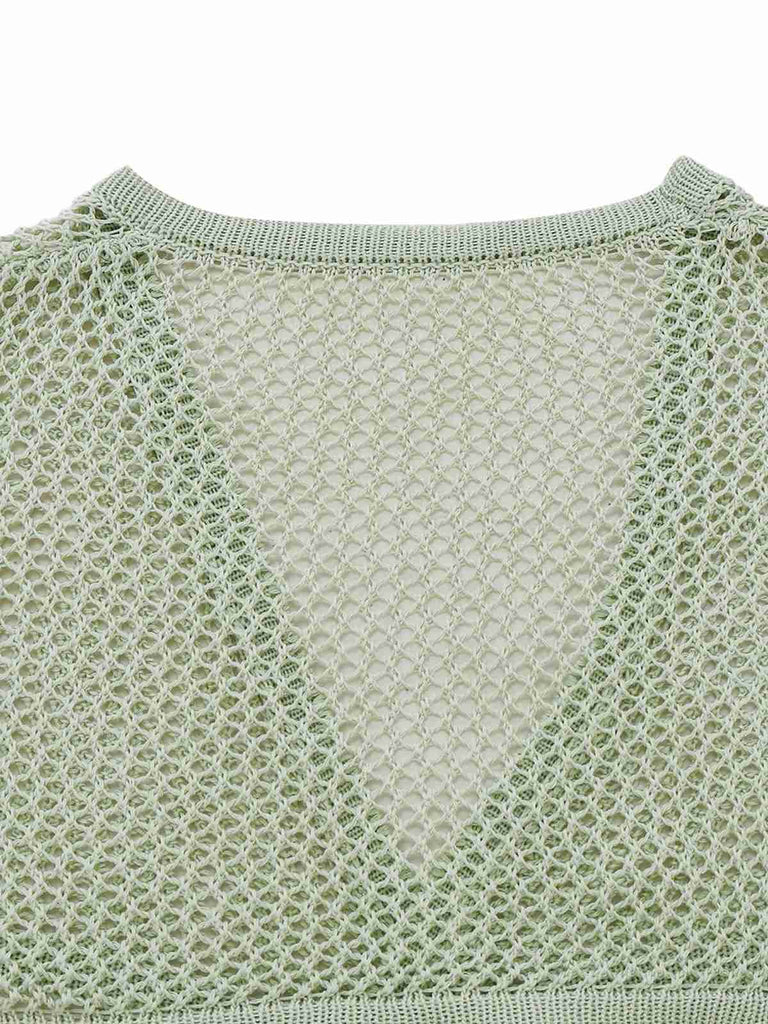 2PCS Ensemble de paréo de plage vert à manches longues en crochet années 1960