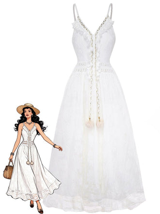 Robe longue bohème blanche en dentelle à col en V années 1970