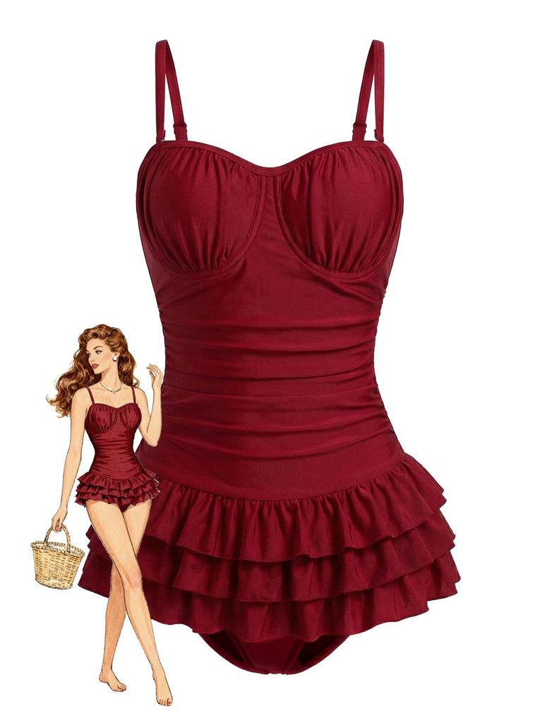 Maillot de bain une pièce rouge volants et fronces années 50