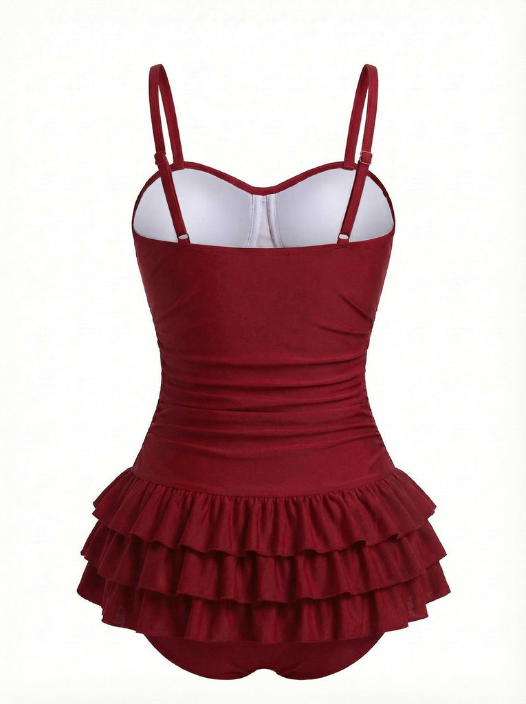 Maillot de bain une pièce rouge volants et fronces années 50