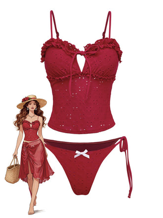 Ensemble tankini rouge à volants brodés années 60