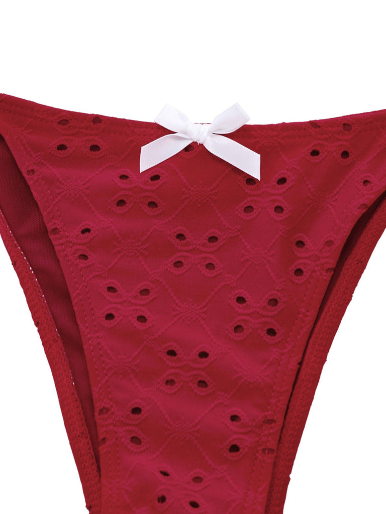 Ensemble tankini rouge à volants brodés années 60